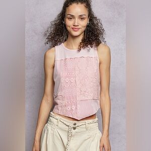 POL Ribbed Round Neck Cropped Tank with Lace Detail